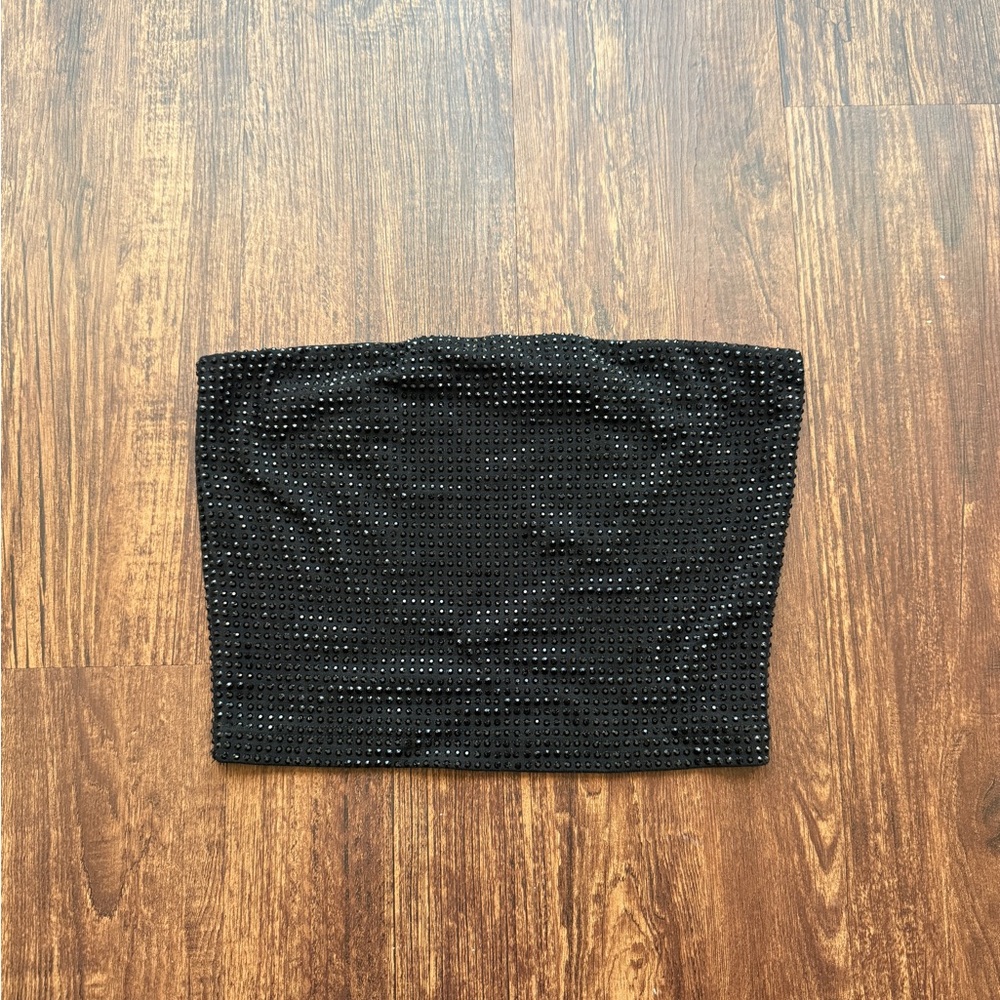 Triple Seven Black Rhinestone Tube Top Y2K Sparkly Embellished Strapless Crop- S